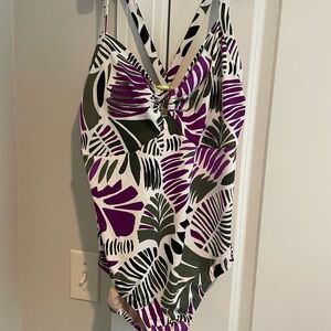 Lands' End Purple and Green Leaf Print One Piece Swimsuit